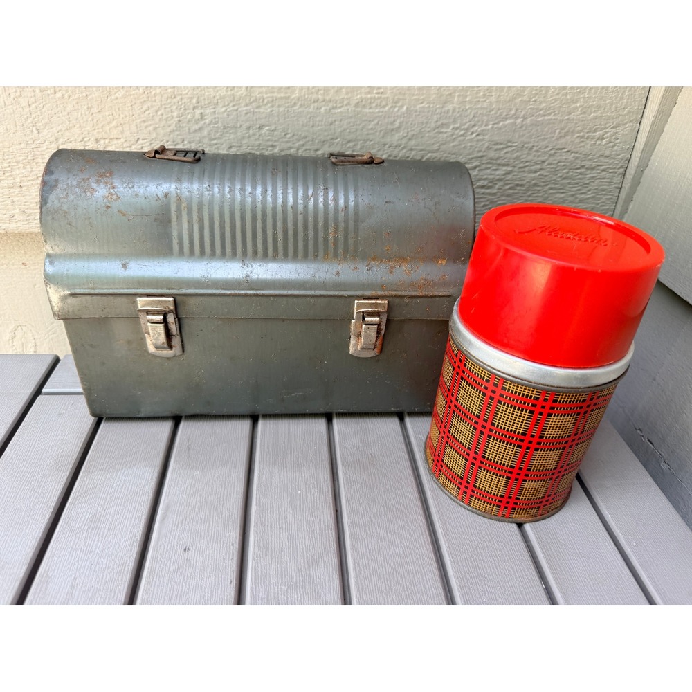 Vintage Aladdin Metal Dome Lunch Box and Plaid Pint Thermos Set Gray Industrial